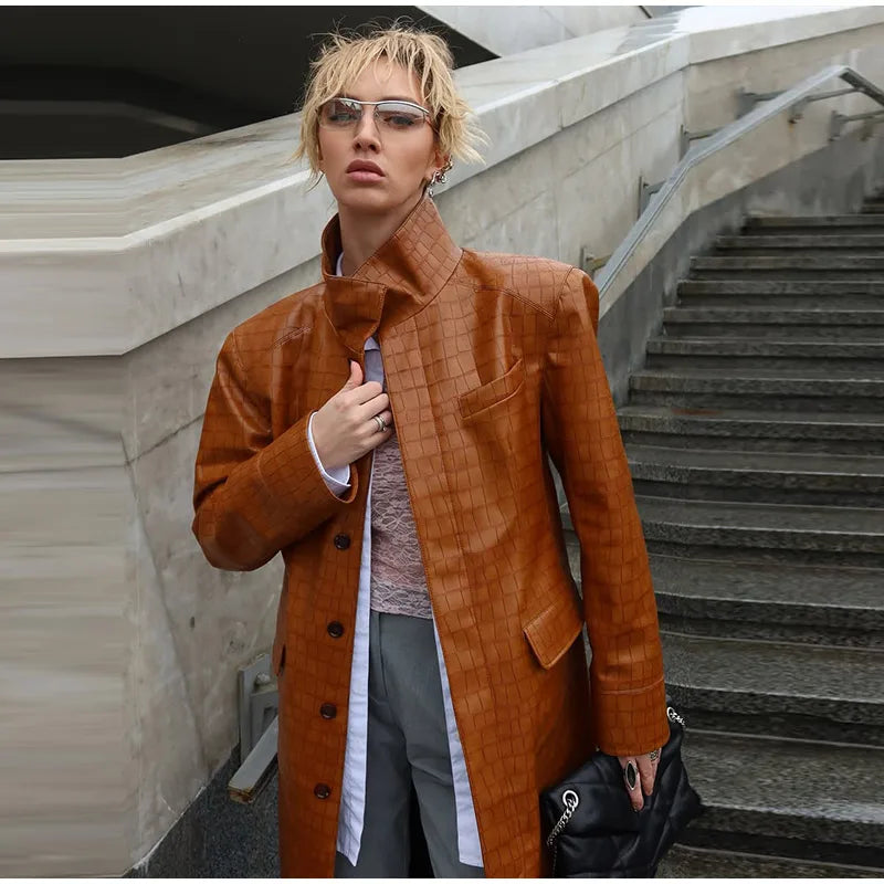 Fashion Croc Pattern PU Leather Women's Jacket Stand Collar Oversize Long Sleeve Chic Coat  2026 Autumn Winter New Daily Wear