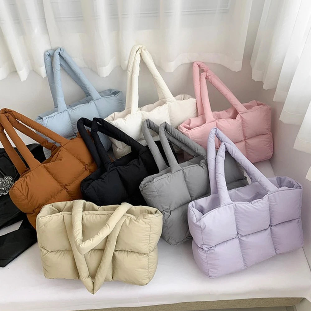 Women Tote Handbags Quilted Plaid Bag Retro Trendy Checkered Waterproof Shoulder Bag Solid Color Winter Soft Large Capacity Bags