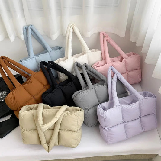 Women Tote Handbags Quilted Plaid Bag Retro Trendy Checkered Waterproof Shoulder Bag Solid Color Winter Soft Large Capacity Bags
