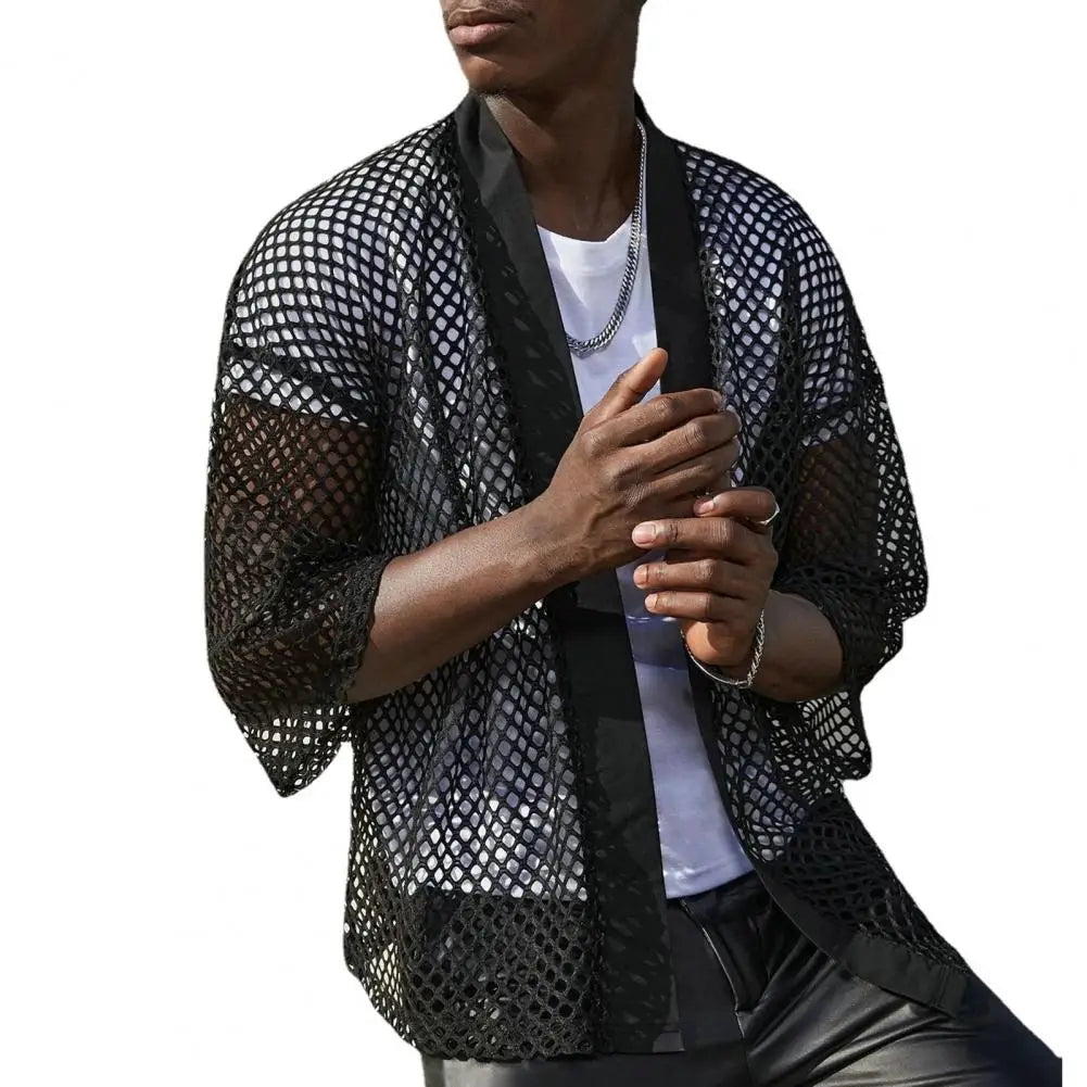 Men Party Cardigan Stylish Solid Color Mesh Hip Hop Streetwear Men Party Cardigan Men Garment  Men Club Shirt  Men Shirt Coat