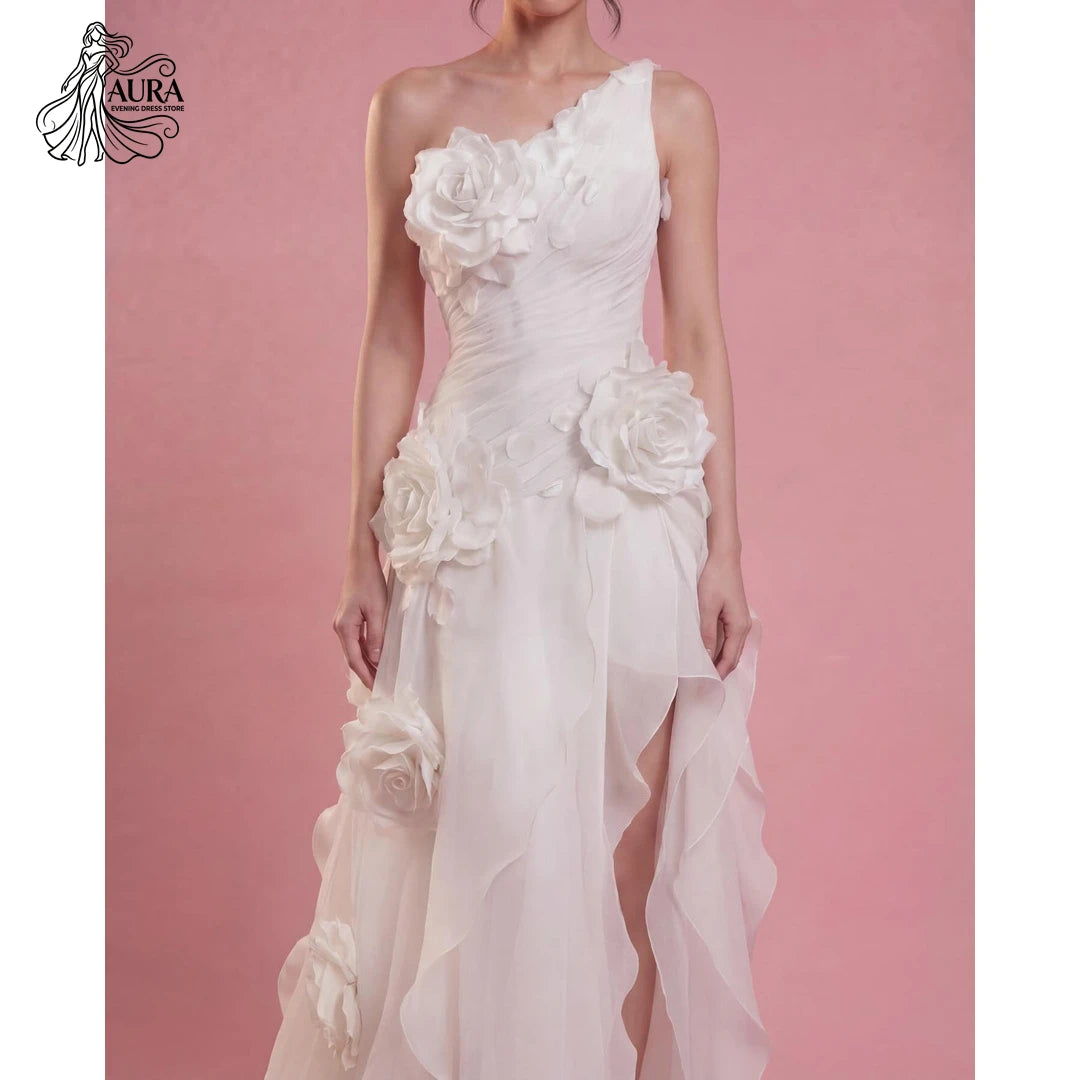 Aura Wedding Evening Dress White Chiffon Slit Luxury Elegant Party Dresses for Wedding Woman Customized Line A 3D Flowers Prom