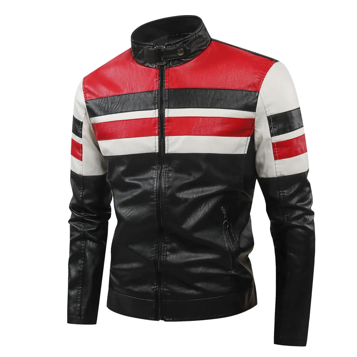 White and Red Patchwork Men's PU Jacket, Stylish Vintage Biker Faux Leather Coat, Available in Black or Brown.
