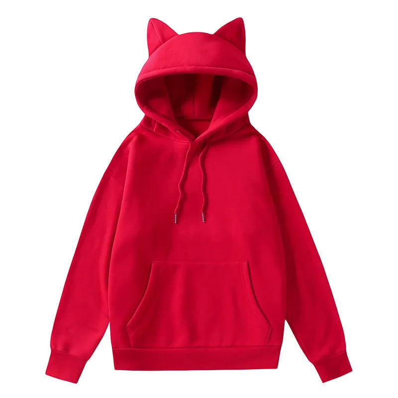 Women's Cat Ear Design Hooded Fleece Sweatshirt Casual Fashion Spring Autumn New Style V-neck Female Clothing  Hoodies Women