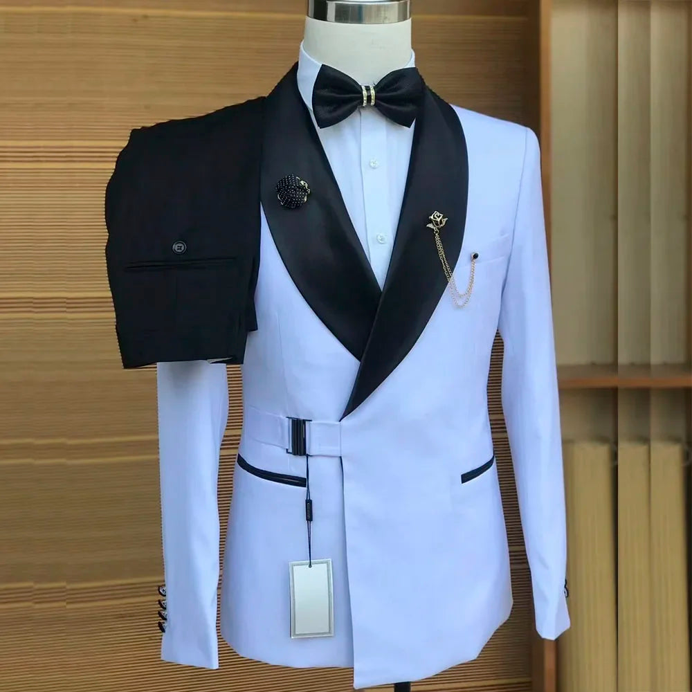 2 Pieces Wedding Tuxedo for Groom with Buckle Slim Fit Men's Suits White Jacket with Black Pants Sets Formal Male Fashion Suit