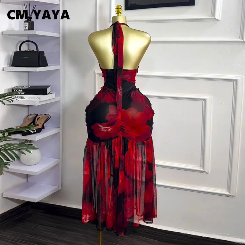 CM.YAYA Women Halter Neck Backless Ruched Stacked Sleeveless Mesh Long Maxi Dress 2025 Birthday Even Sexy Party Dresses Vestidos
