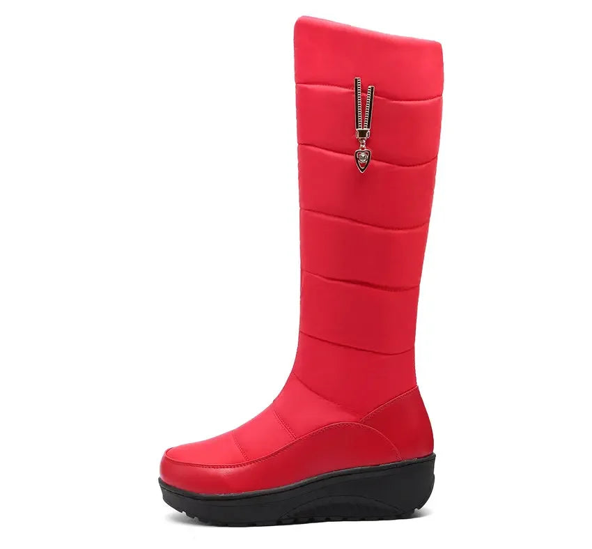 Women Warm Fur Mid-calf Snow Boots Round Toe Red Black Down Crystal Dec Party Travel Lady Wedge Platform Winter Plush Half Boots