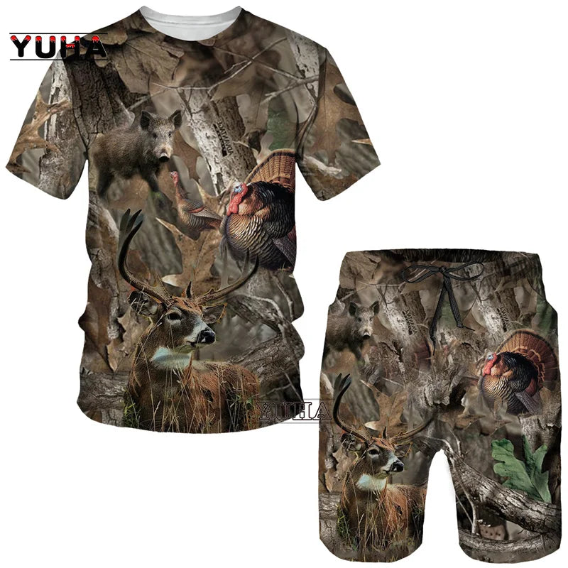 YUHA,Hunting  Summer Men's 3D Printed Camouflage Maple Leaves T-Shirt/Shorts/Suits Unisex Casual Outdoor Sportwear Short Sleeved