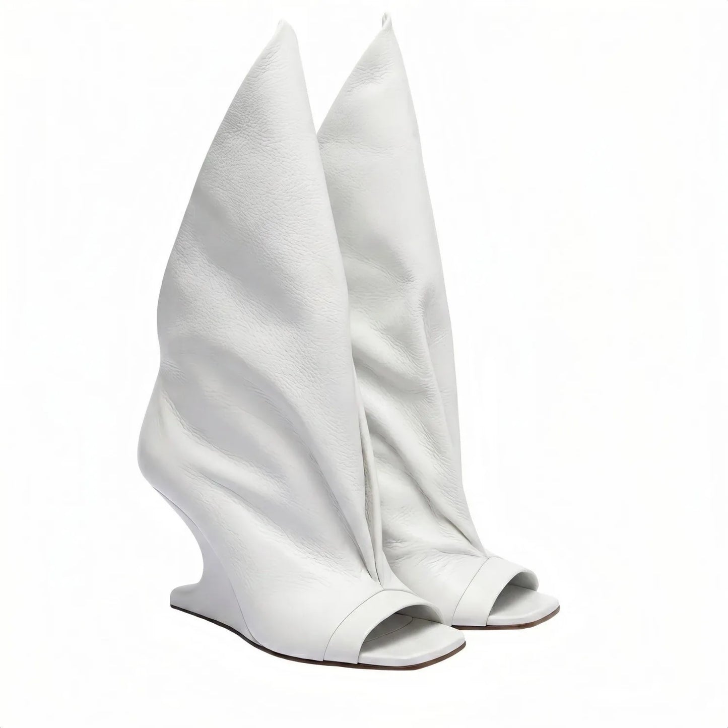 Runway Style Women Peep Toe Tall Boots Sculptural Wedge Heel Draped Pleated Upper Trendy Evening Statement Fashion Footwear