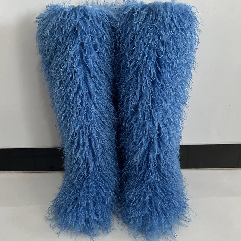 New Over The Knee Fur Boots Women Warm 72CM Long Faux Mongolian Fur Snow Boots Winter Luxury Fluffy Shoes Plush Platform Shoes