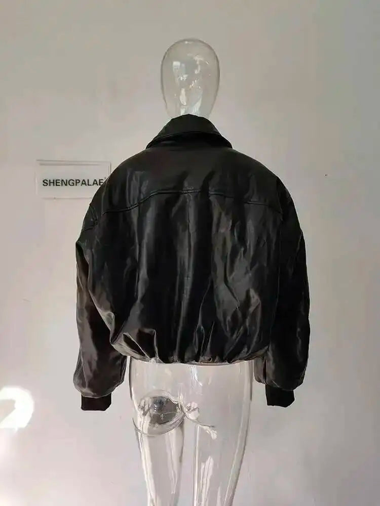 SHENGPALAE Women's Fashion 2026 Autumn Winter New Clothes Solid Color Leather Thicken Warm Female Short Cotton Jacket 5C1437