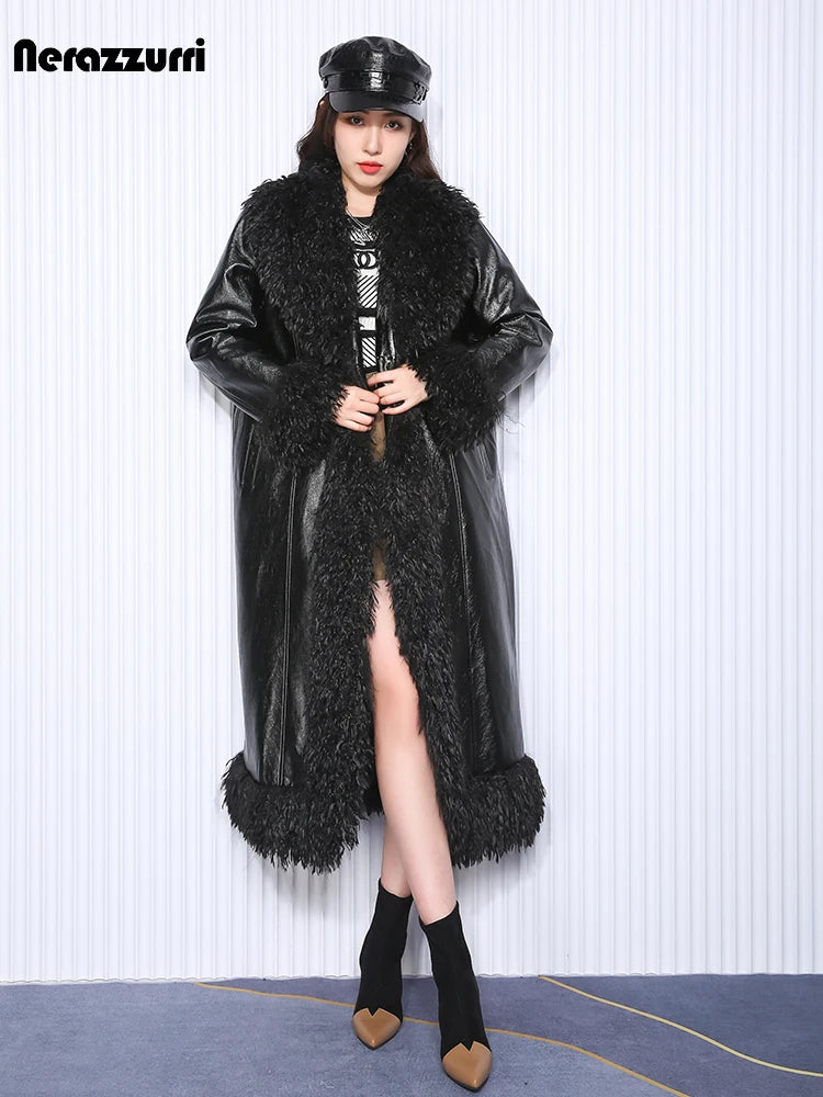 Nerazzurri Autumn Winter Long Loose Black Quilted Warm Soft Pu Leather Coat Women with Faux Fur Trim Sashes European Fashion