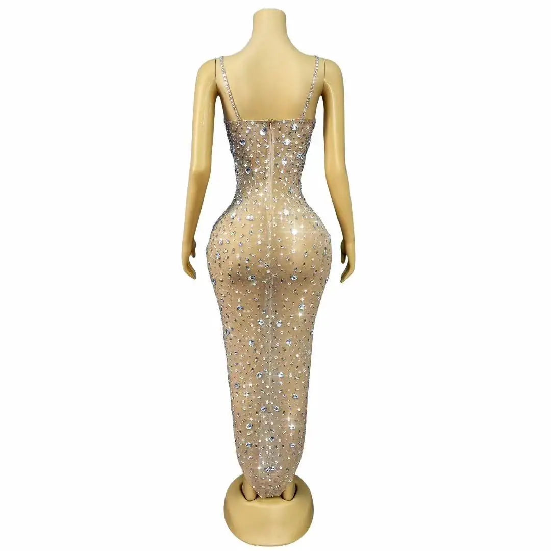 Women Birthday Evening Cocktail party Gown Red Carpet Club Stage Outfit Luxury Rhinestones Sexy Mesh See Through Bodycon Dress