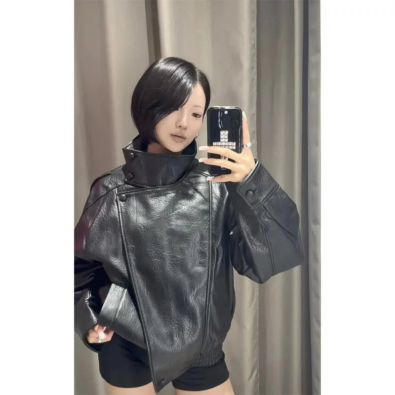 Women's 2026 Autumn New Classic Commuter Style Black Long Sleeve Pebble Faux Leather Motorcycle Fashion Jacket
