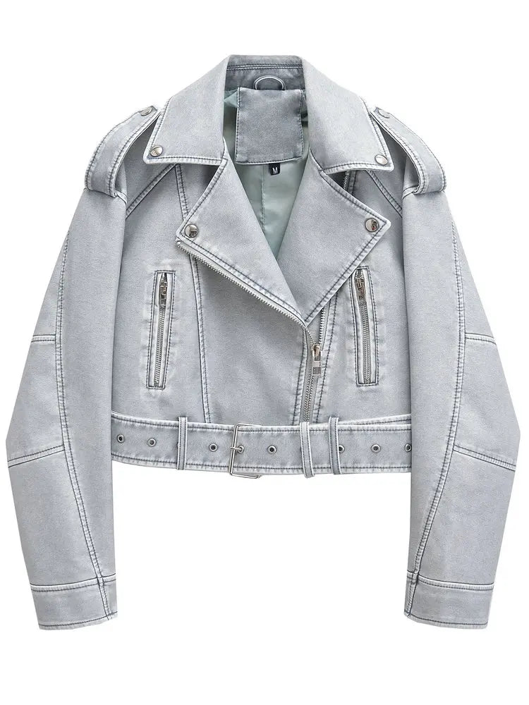 Women Autumn Winter Loose Gray PU Faux Leather Short Jackets Belt Female High Street Zipper Retro Moto Biker Coats Outwear XS-XL