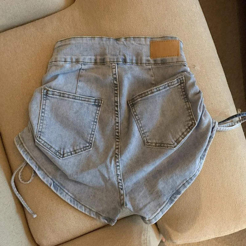 Zoki Sexy Shirring Slim Denim Shorts Women Fashion Korean High Waist Casual Shorts Summer Button All Match Harajuku Shorts New
