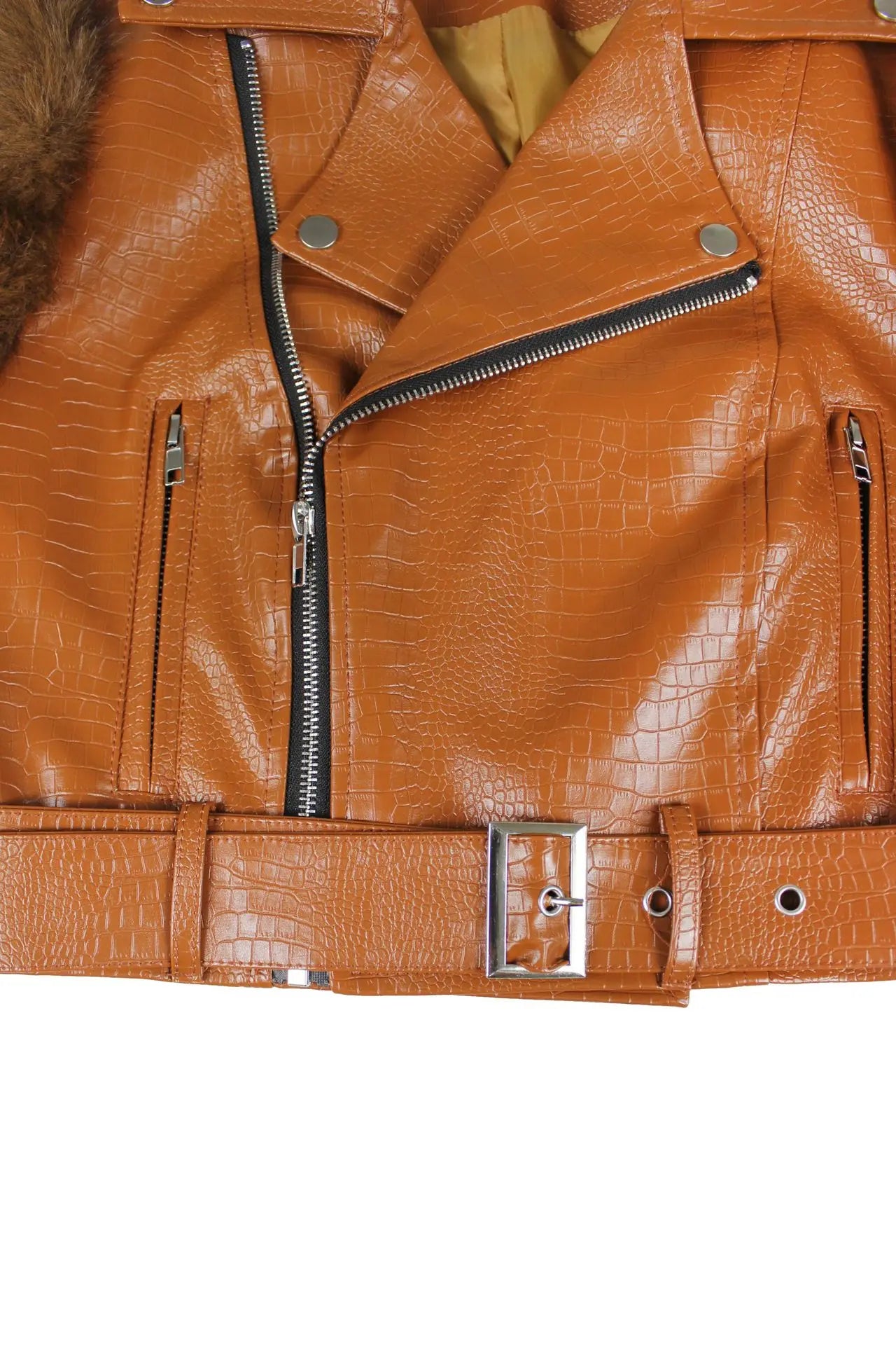 Leosoxs Winter New Sexy Fur Leather Patchwork Jacket for Woman Motorcycle Lapel Zipper Crop Coat  Female Streetwear Clothing