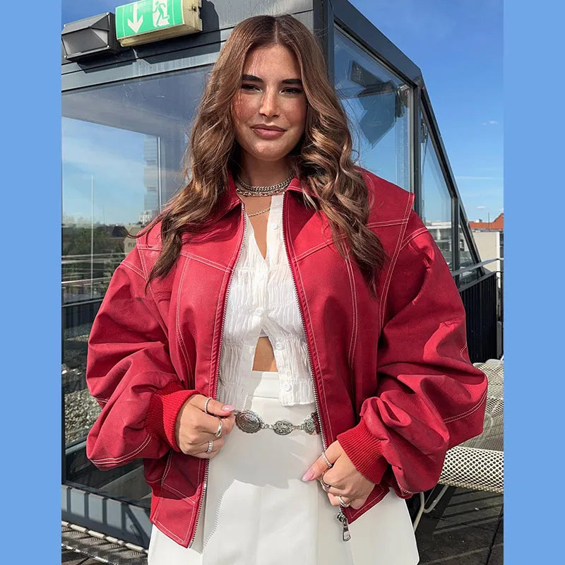 Women Stand Collar Leather Pilot Jacket Red Zipper Cropped Coat Fashion Casual Fashion Outerwear 2026 New Arrival Streetwear