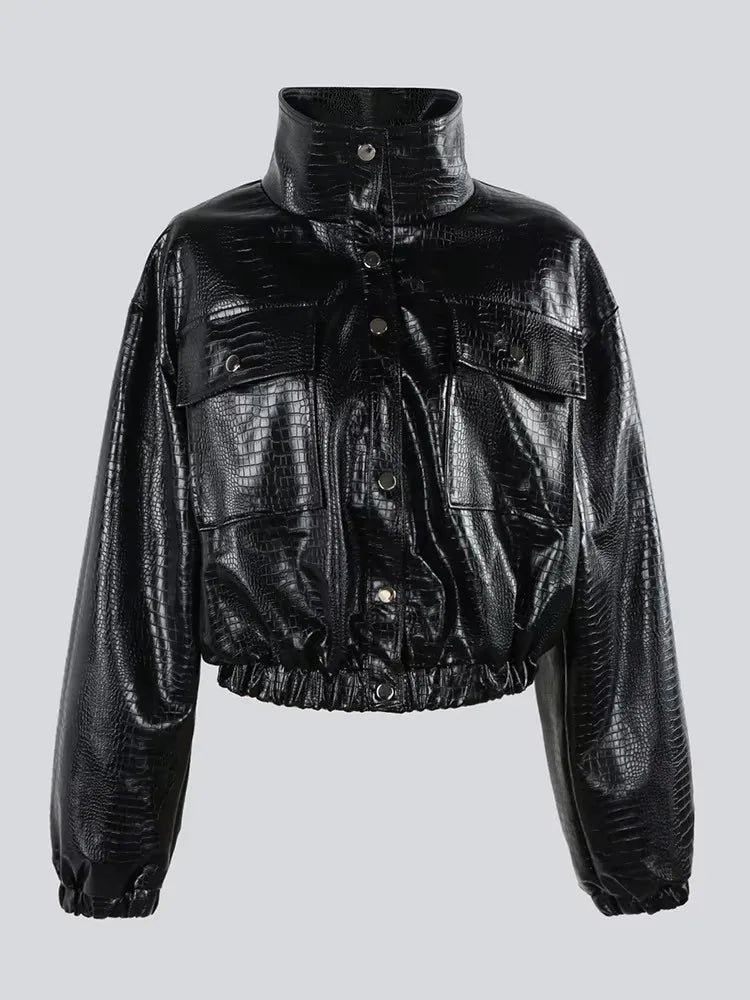 Mauroicardi Spring Autumn Short Black Brown Crocodile Print Faux Leather Jacket Women Stand Collar Button Up Luxury Clothes 2025