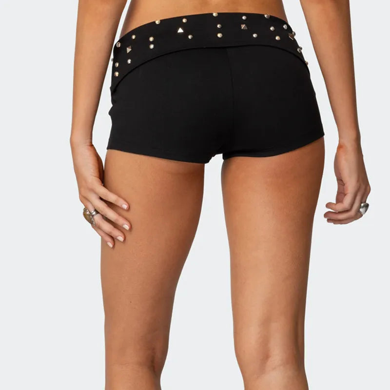 Women Y2K Studded Foldover Vintage Low Waist Slim Summer Boxer Low Waist Slim Fit Micro Shorts Party Clubwear Skinny Bottoms