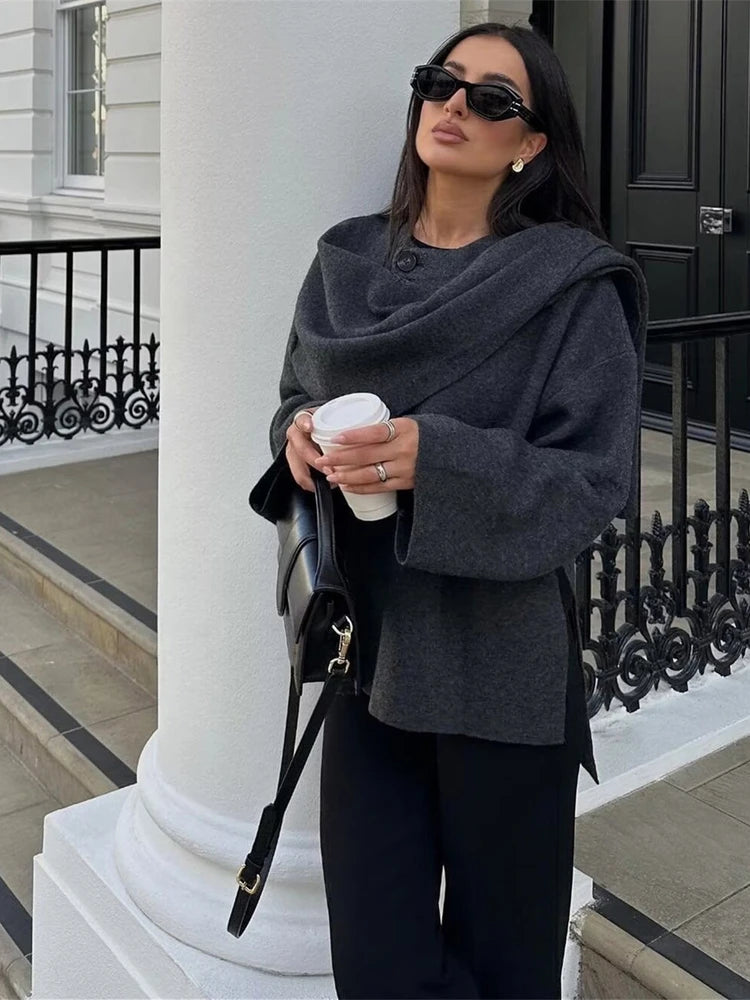 Faionable Asymmetric Scarf Collar ort Knitted Top Coat Women's Design Sense 275600 275607 Commute Sle Loose Fit Long ...