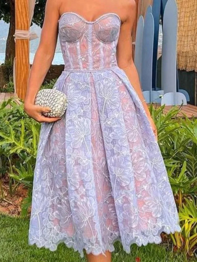 Evening Dress Women Fashion Sexy See Through Lace Embroidery Tube Top Dresses Temperament Socialite Banquet Prom Vestidos 2025