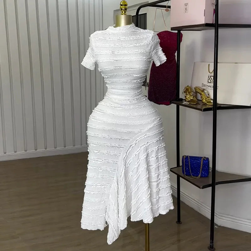 Women Dress Long Dresses Round Neck Vestidos Short Sleeve Party Bodycon High Waist Irregularity Elegant White Wedding Spring