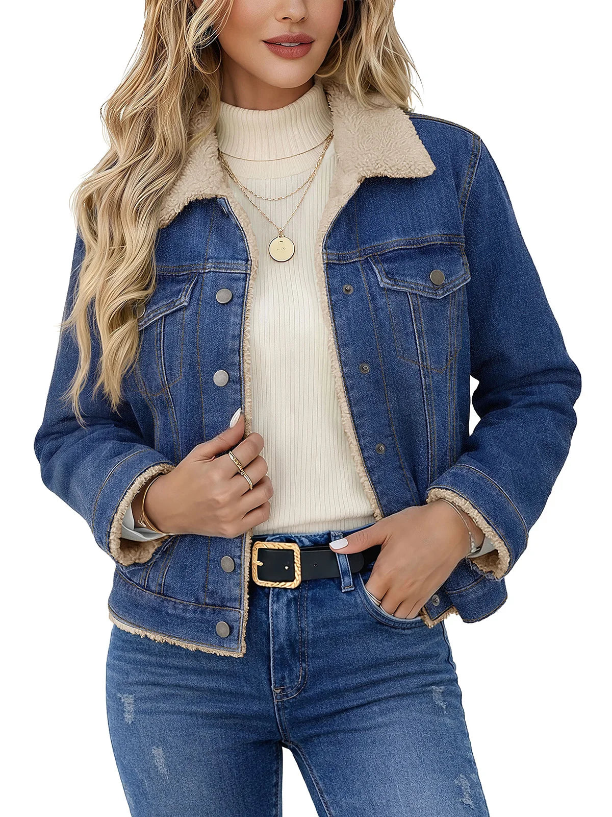 TACVASEN Women's Sherpa Lined Denim Jacket Winter Warm Fleece Trucker Coat Classic Button Down Outerwear with Multi-Pockets