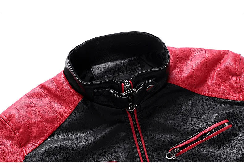 White and Red Patchwork Men's PU Jacket, Stylish Vintage Biker Faux Leather Coat, Available in Black or Brown.