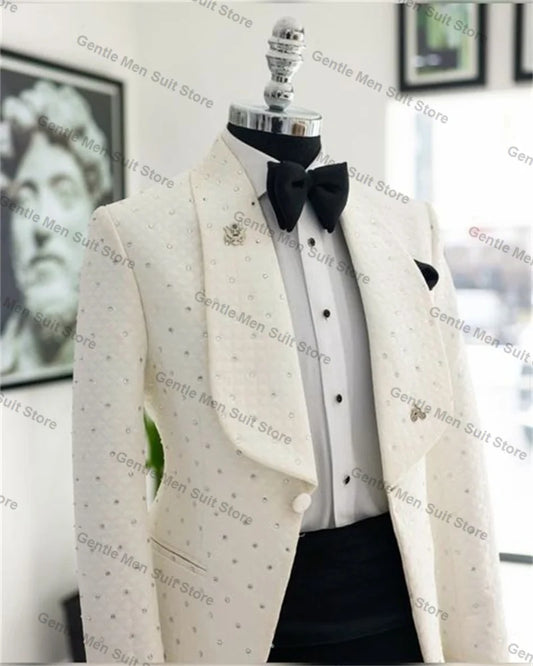 Crystals White Men Suits Set 2 Piece Blazer+Black Pant Wedding Tuxedo Coat Customized Formal Office Cotton Jacket Trousers