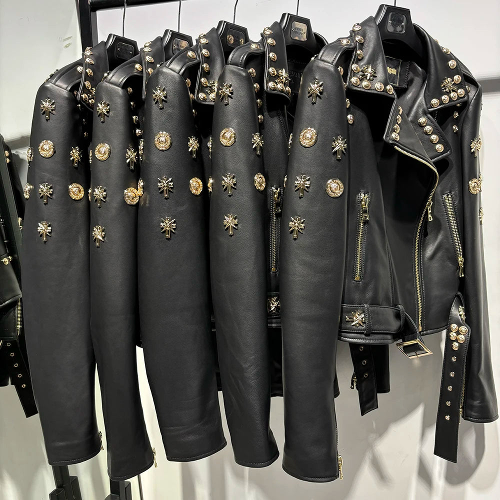 Women Stylish Gold Rivet Real Leather Jacket High Glossy Genuine Leather Asymmetrical Zip Biker Jacket