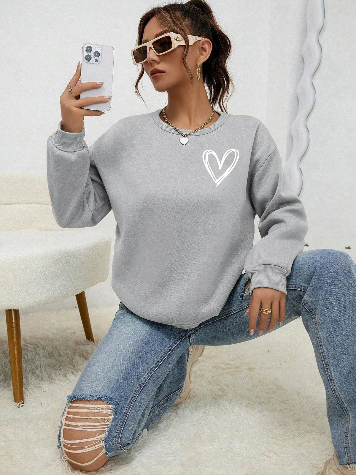 Simple Heart Pattern Printing Sweatshirts For Womens Casual Comfortable Crewneck Hoodies Loose Fleece Warm Sportswear Clothes