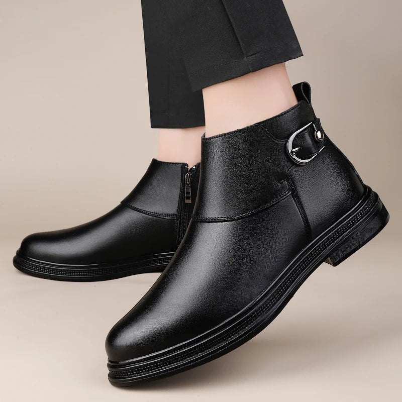 Winter New Fashion Cotton Shoes Men's Plush Genuine Leather Casual Snow Boots Slip on Male Business Footwear Comfy Ankle Boots