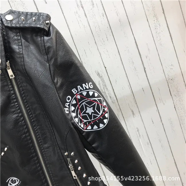 Women's PU Rivet Zipper Jacket, Shoulder Badge, Motorcycle Punk Rock Leather Coat, High Quality, Autumn Purchase
