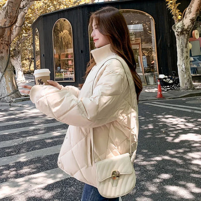 2024 Korean Style Argyle Spliced Down Coat Petite Cropped Warm Stand Collar Cotton Padded Jacket For Women Long Sleeves