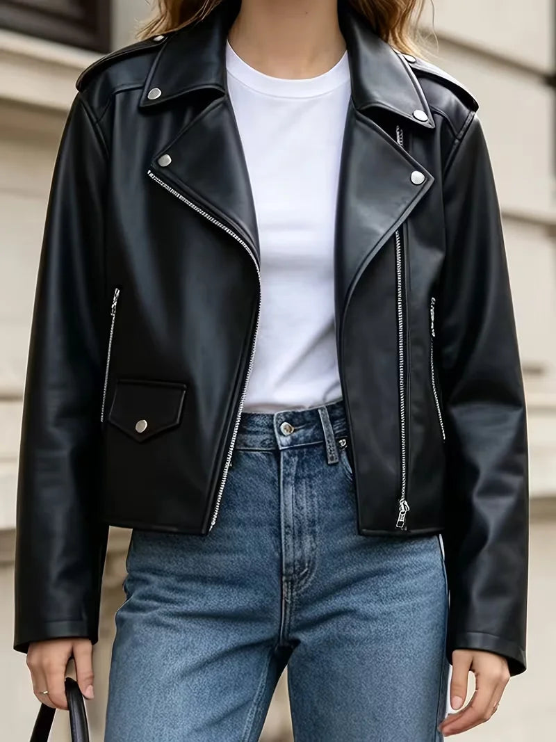 Women's Edgy Classic Faux Leather Moto Jacket Asymmetric Zip Biker Coat with Silver Details