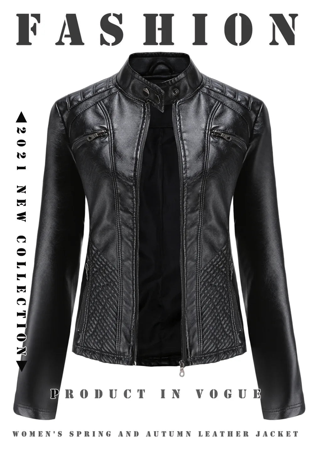 Ladies casual stand-up collar jacket Slim models women's spring and autumn solid color women's leather jacket