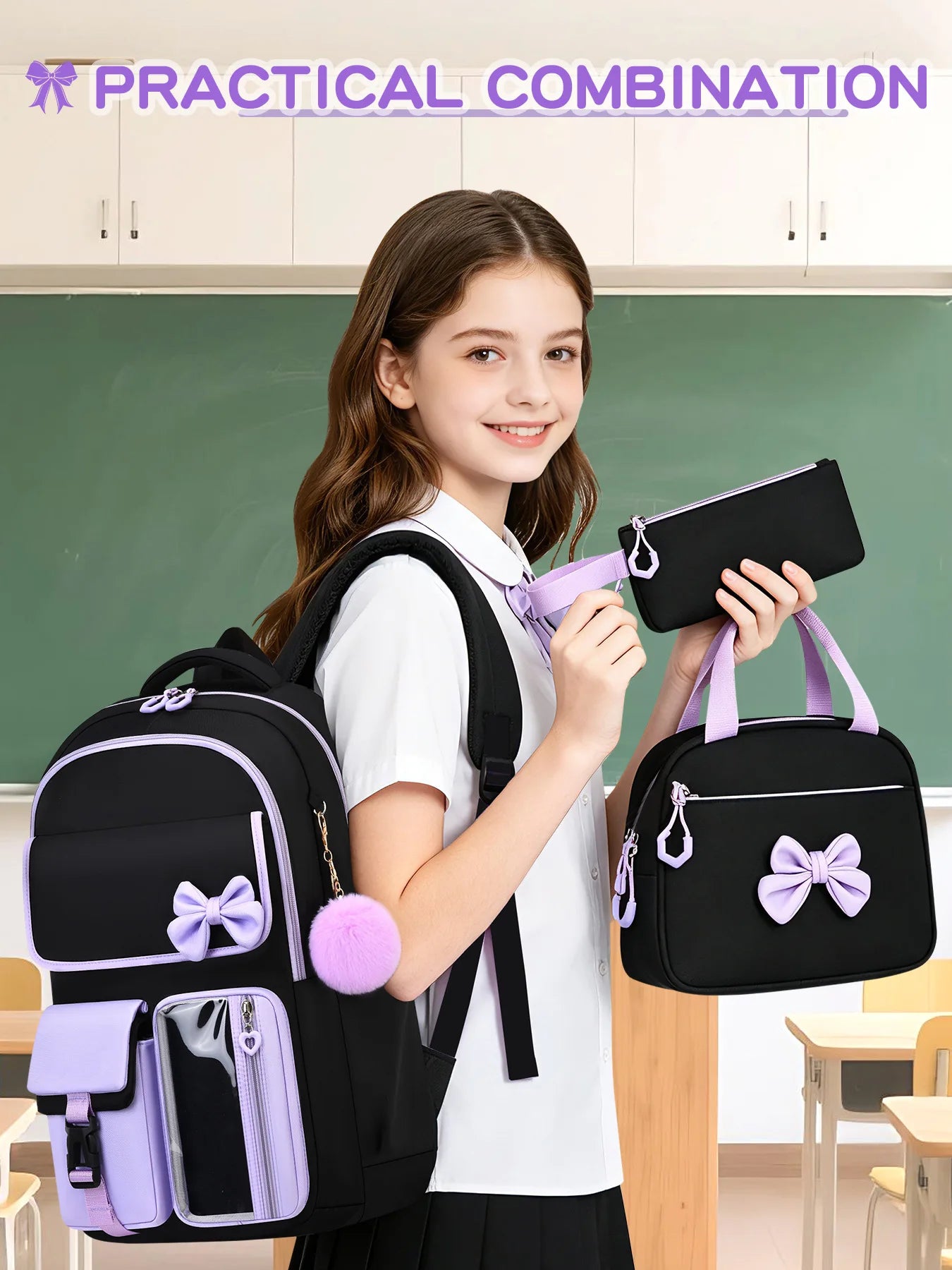 Three-piece Purple School Bag Set Casual with Pen Bag Students Schoolbag Durable with Lunch Bag Large Capacity bow Backpack book