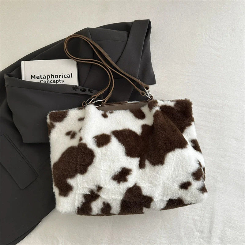 Cow Pattern Plush Shoulder Bag for Women Winter Fashion Purse Handbags Soft Warm Fur Female Casual Messenger Bags