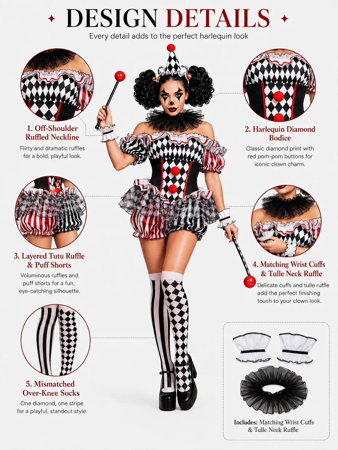 Women's Halloween Evil Clown Costume Sexy Circus Cosplay Off Shoulder Diamond Pattern Ruffled Bloomer Outfit with Hat Mesh Collar Wrist Cuffs Fancy Dress