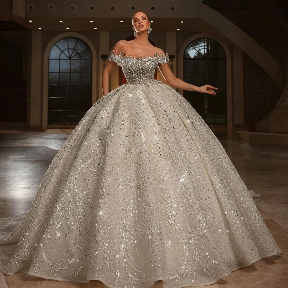New Arrival Silver Beaded Wedding Dress Glamorous Off Shoulder Bridal Gown Customized Exquisite Ball Gowns Dresses For Bride