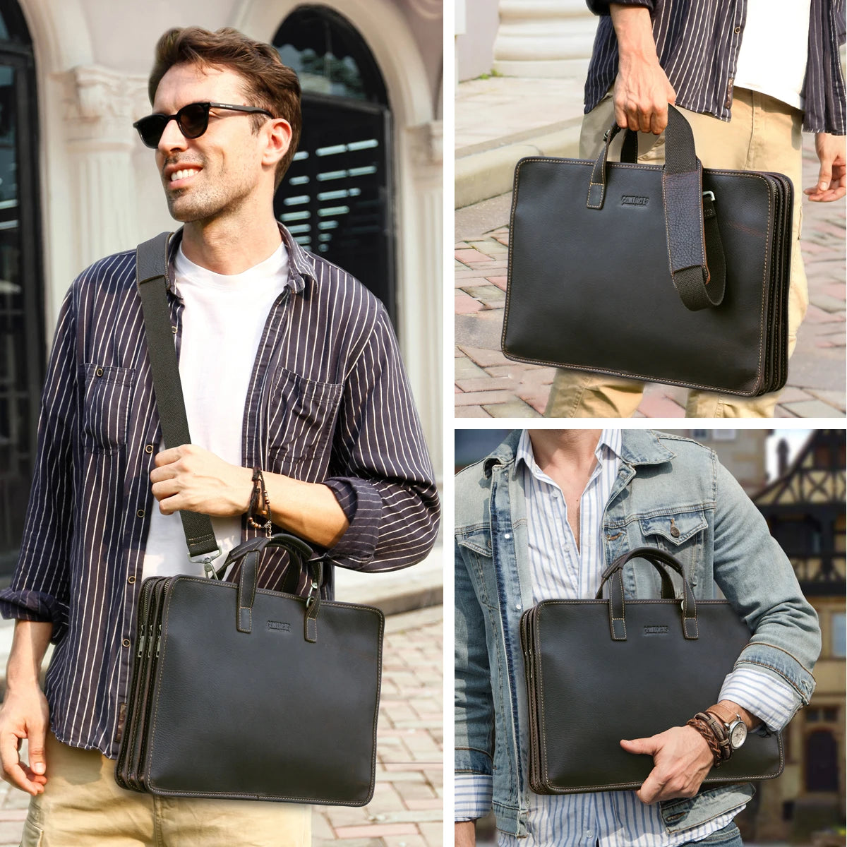 CONTACT'S Genuine Leather Sling Briefcase for Men Business Bags Male Shoulder Bag Men's Bag Tote Laptop Bags for 16" Macbook Pro
