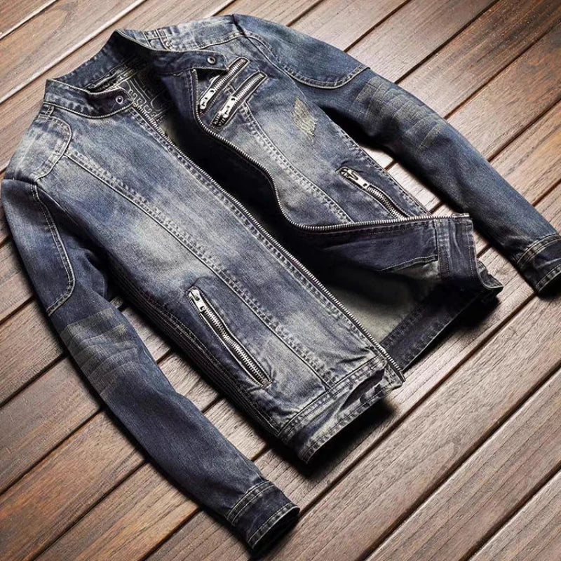 Men's Retro Denim Jacket Casual Oversized Stand Up Collar Zippered Jacket Cycling Motorcycle Coat Trend Loose Fit Top
