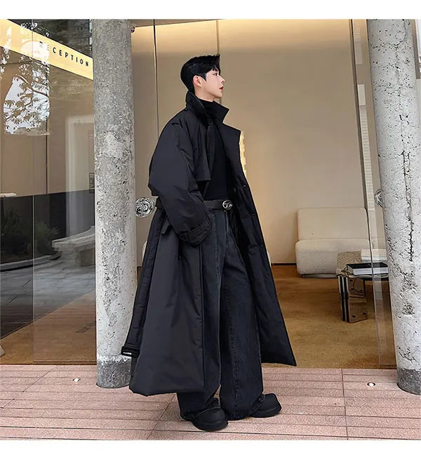 Winter Thickened Long Down Jacket Man's Belt Design Korean Warm Over The Knee Fashionable Long Sleeve Solid Color Cotton Coats