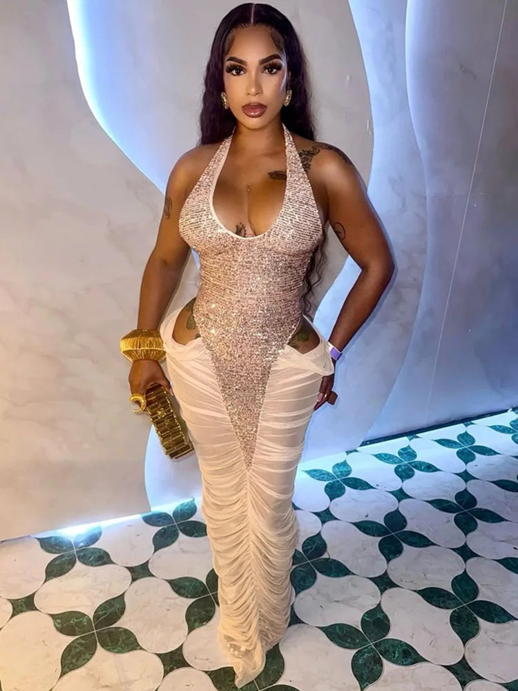 Sexy Glitter Sequins Party Evening Dresses Women Luxury Celebrity Sheer Mesh Patchwork Cut Out Formal Ruched Bodycon Maxi Dress