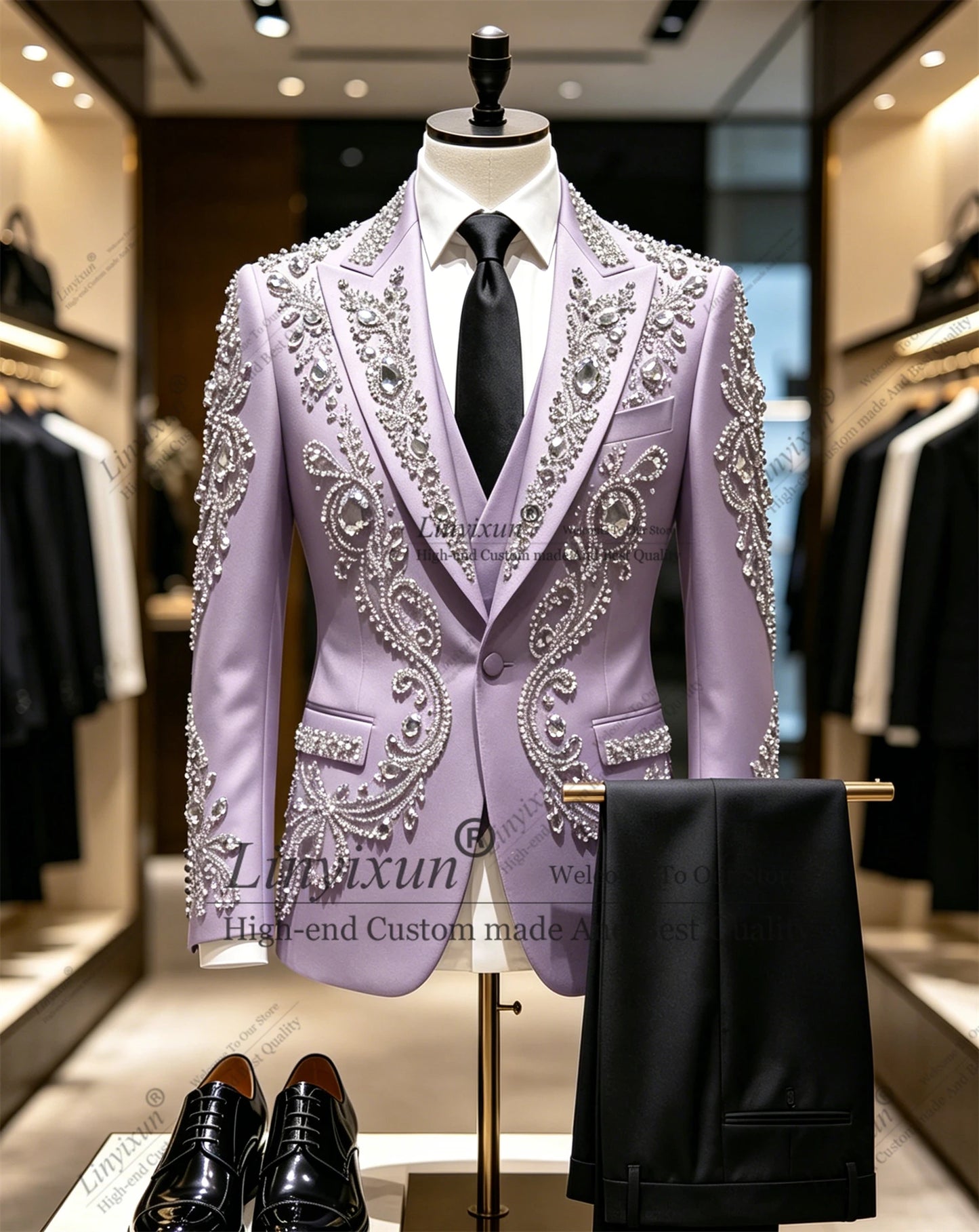 Shiny Plears Beaded Men Suits 3 Pieces Sets Groom Tuxedos Customized Party Prom Blazer Slim Fit Dinner Wedding Costume Homme