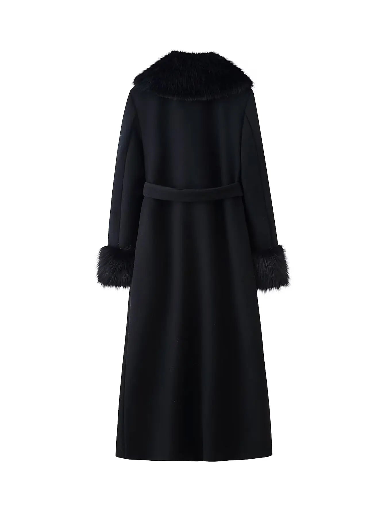 HH Winter Women Elegant Fur Collar Pockets Woolen Long Coat Female Temperament Warm Lapel Long Sleeve Double-breasted Belt Jacke