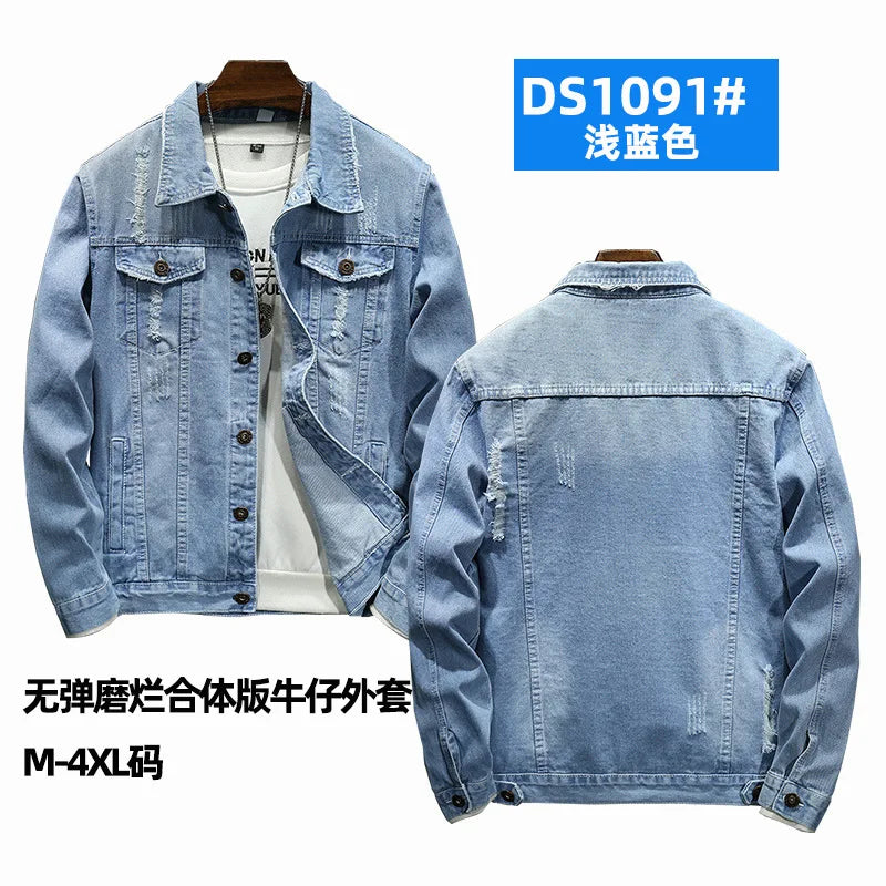 QICHE New Spring Autumn Men Light Blue Slim Denim Jacket Distressed Ripped Casual Outerwear