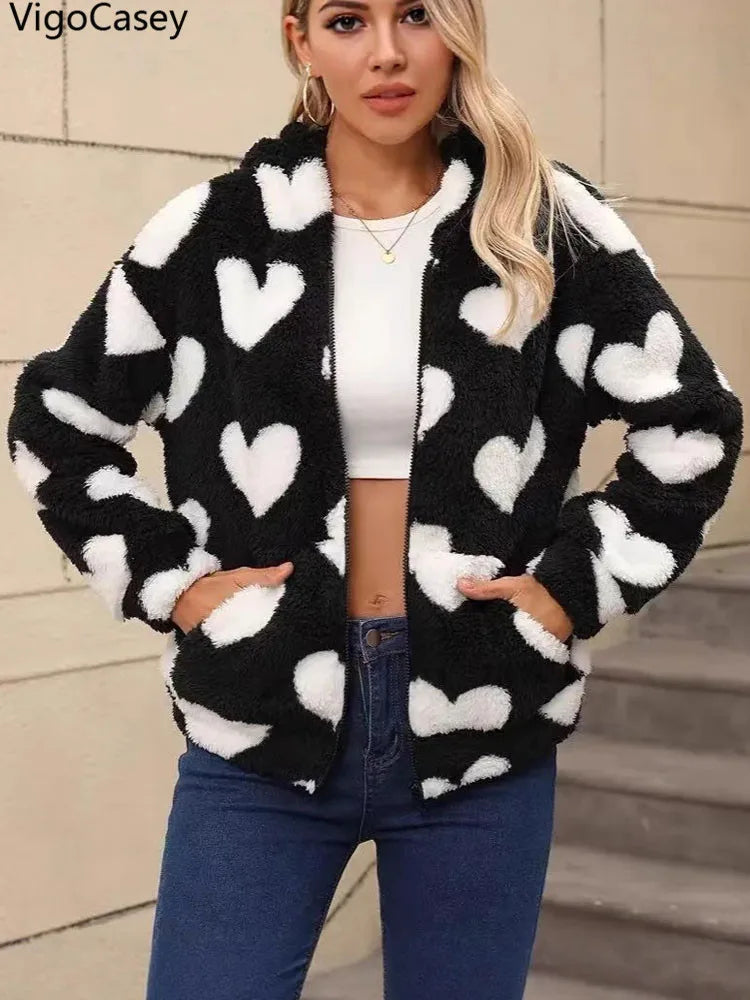 VigoCasey 2026 Women Autumn Print Hooded Jacket Zipper Long Sleeve Thick Plush Warm Coat Winter Lady Casual Pocket Short Coat