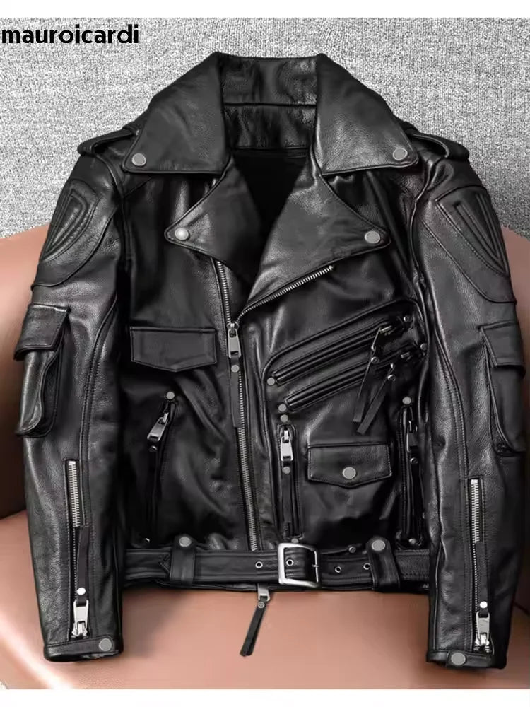 Mauroicardi Spring Autumn Cool Hard Black Pu Leather Motorcycle Biker Jacket Men Belt Zipper Luxury Designer Fashion Clothes