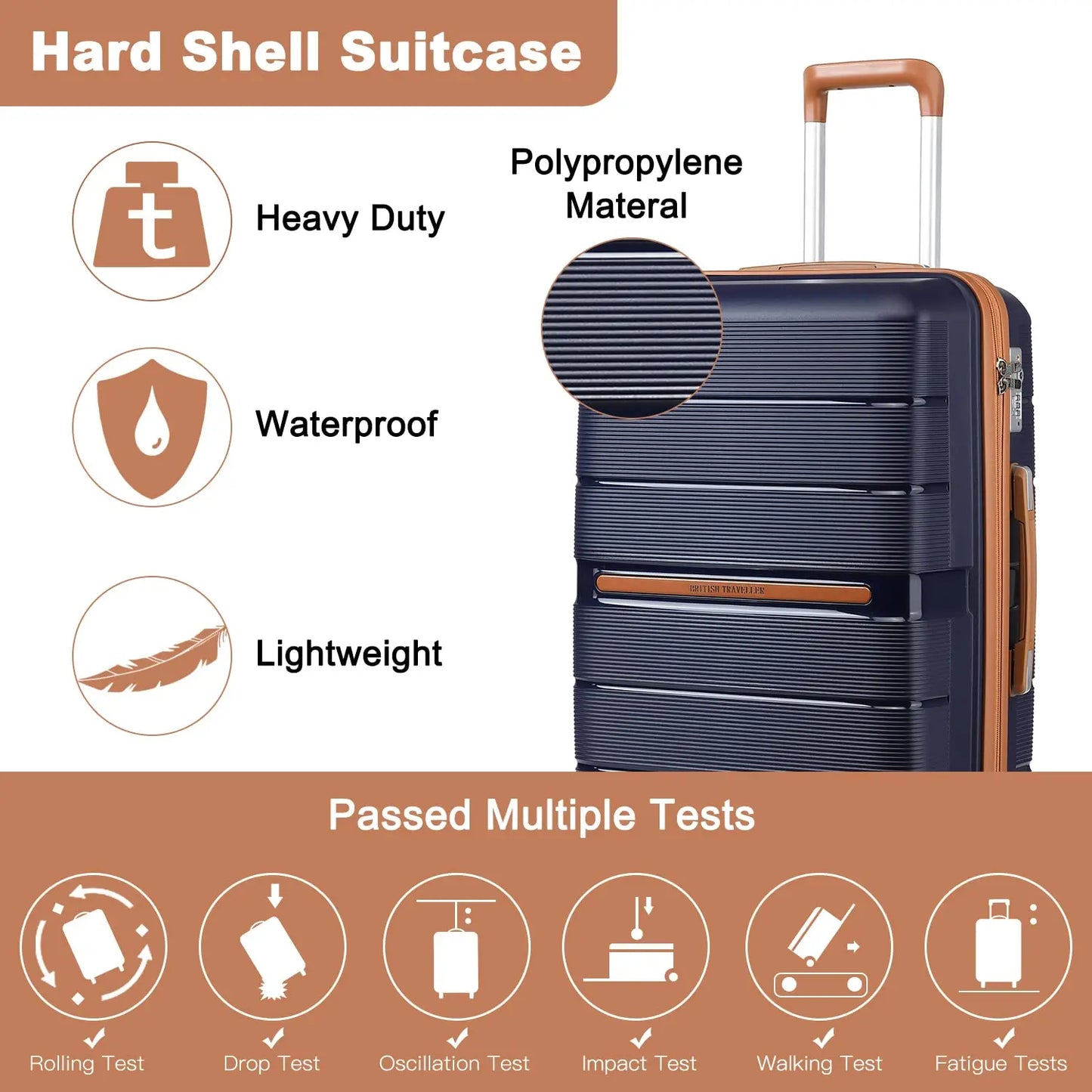 British Traveller 3 Piece Case Set 100% PP 8 Spinner Wheels TSA Lock Hard-Shell hand luggage Dark Blue